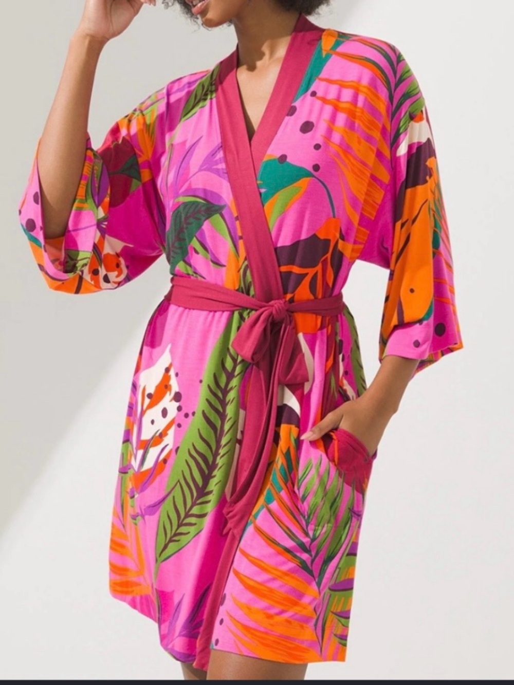 Soma Short Botanical Print Robe in Pink with Orange & Green Accents